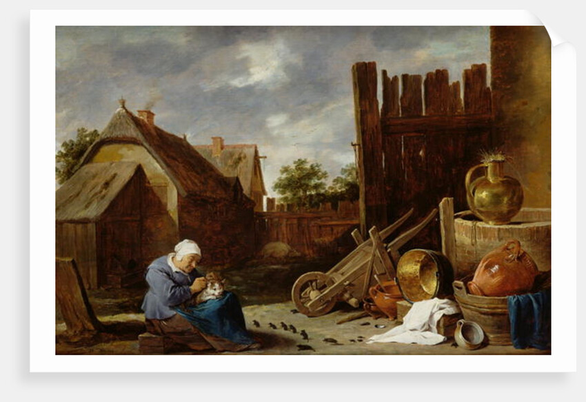 A cat tended by an old woman by David the Younger Teniers