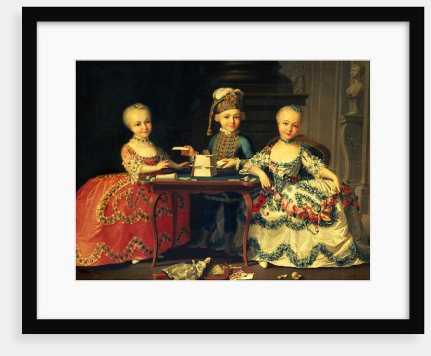 Group portrait of a boy and two girls building a house of cards with other games by the table by Francois-Hubert Drouais
