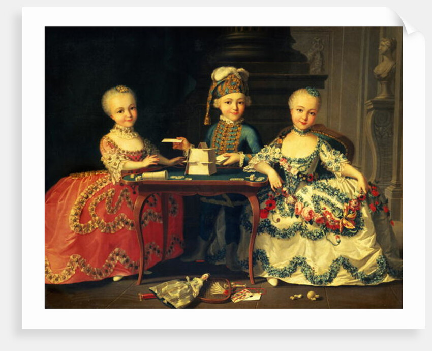 Group portrait of a boy and two girls building a house of cards with other games by the table by Francois-Hubert Drouais