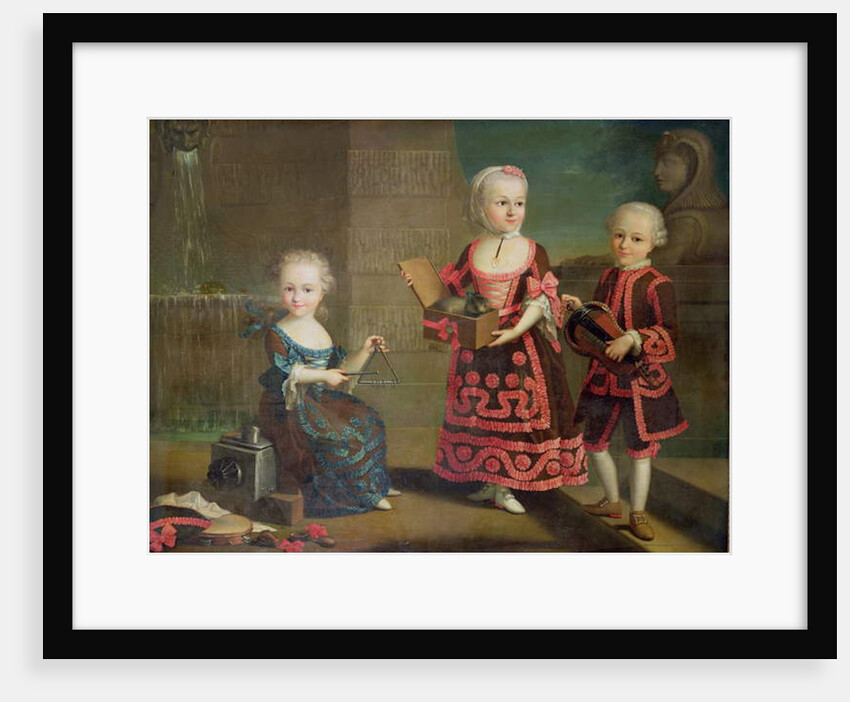 A group portrait of a girl with a marmoset in a Box, a girl with a triangle sitting on a magic lantern and a boy with a hurdy-gurdy by Francois-Hubert Drouais