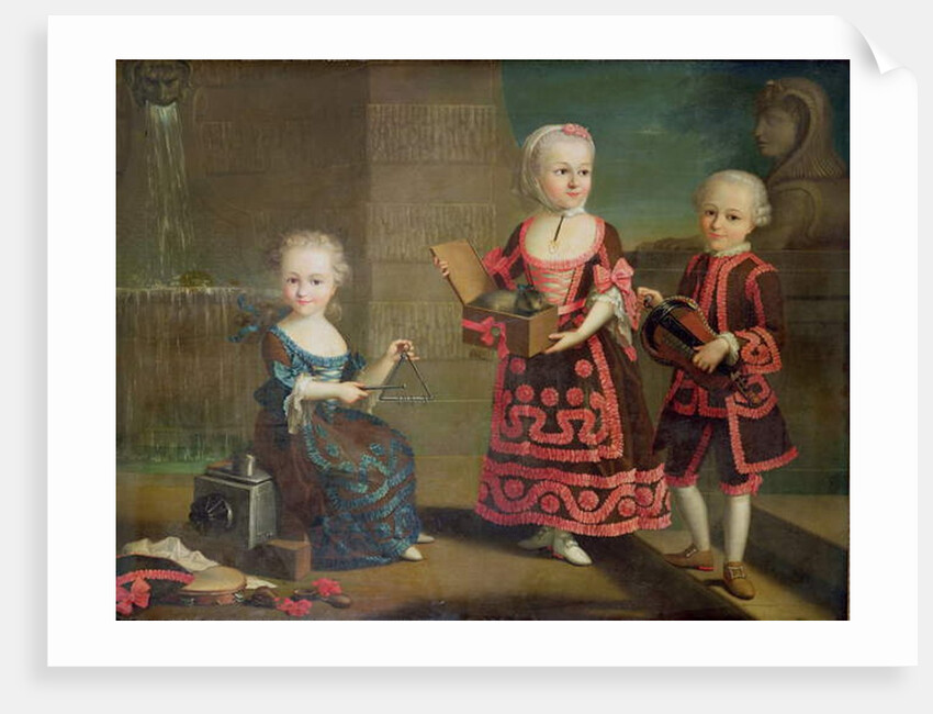A group portrait of a girl with a marmoset in a Box, a girl with a triangle sitting on a magic lantern and a boy with a hurdy-gurdy by Francois-Hubert Drouais