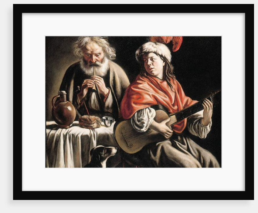 A young man playing a guitar and an old man playing a pipe in an interior by Mathieu Le Nain