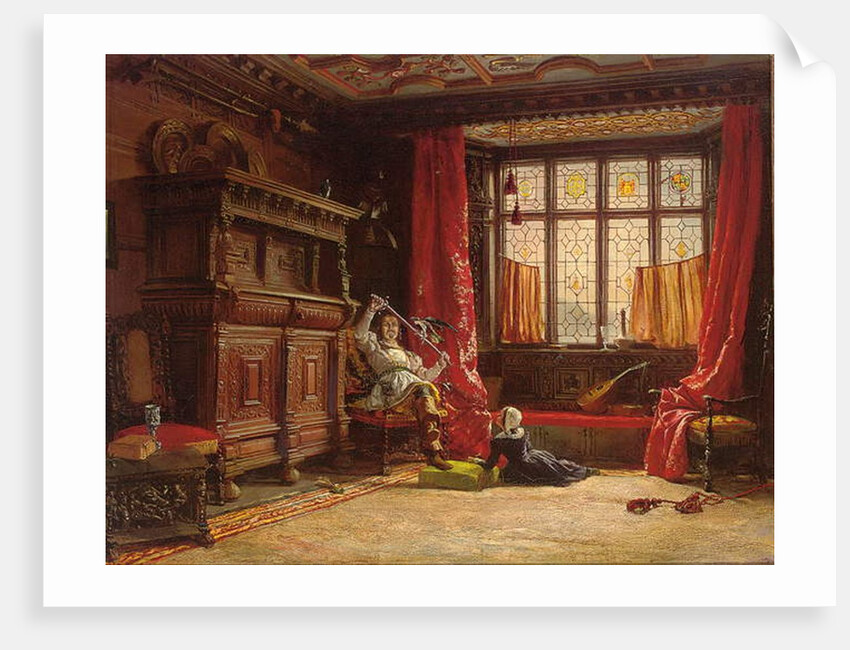 A cavalier in a darkened interior, a bird on his sword, 1843 by William Collingwood