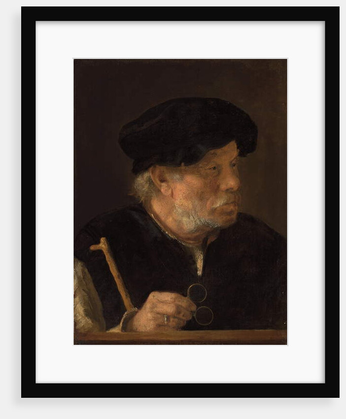 A man, bust-length, holding a cane and his spectacles, by a wooden ledge by Karel van der Pluym