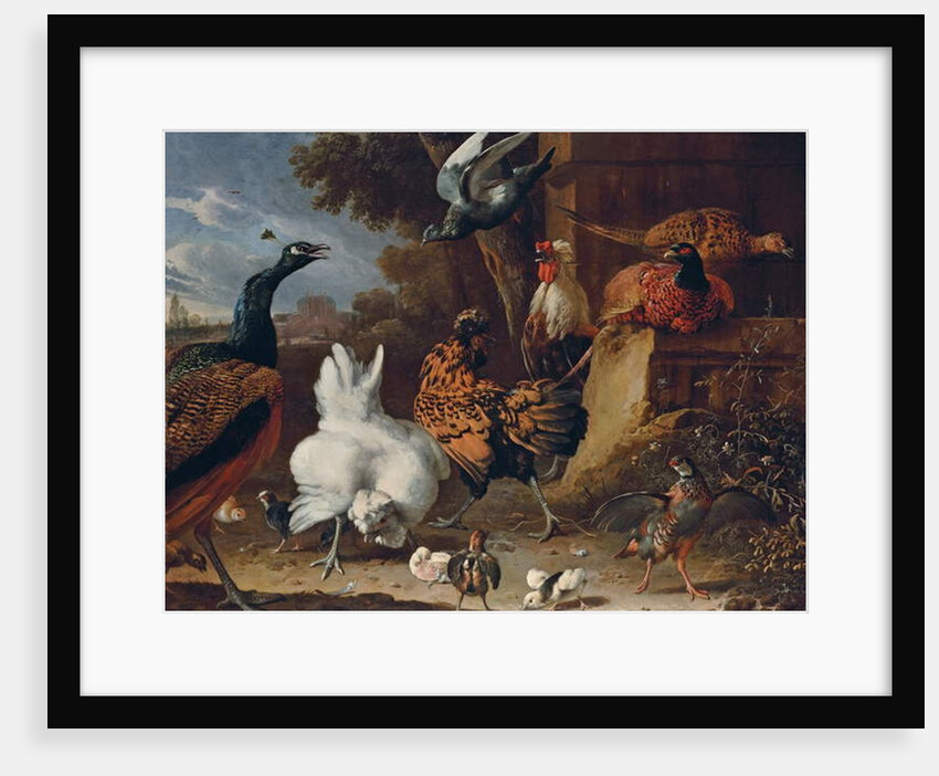 A cockerel, hens, chicks, a partridge, pheasants, a peacock and a pigeon by a wall in the park of a mansion by Melchior de Hondecoeter