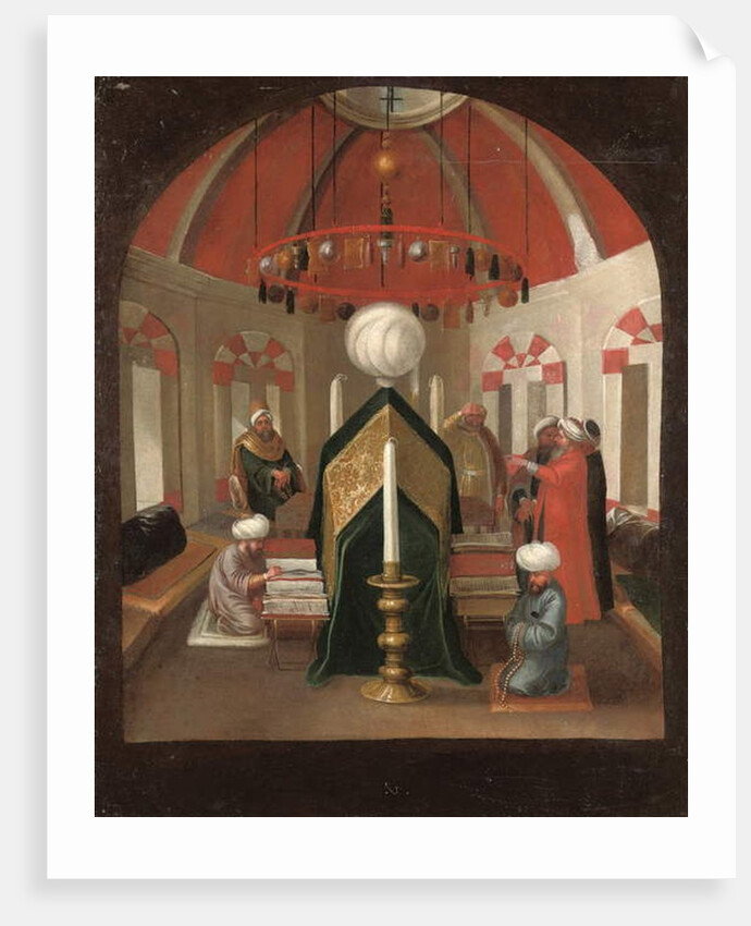 A Turkish mausoleum with figures at the tomb of a sultan by Jean Baptiste Vanmour