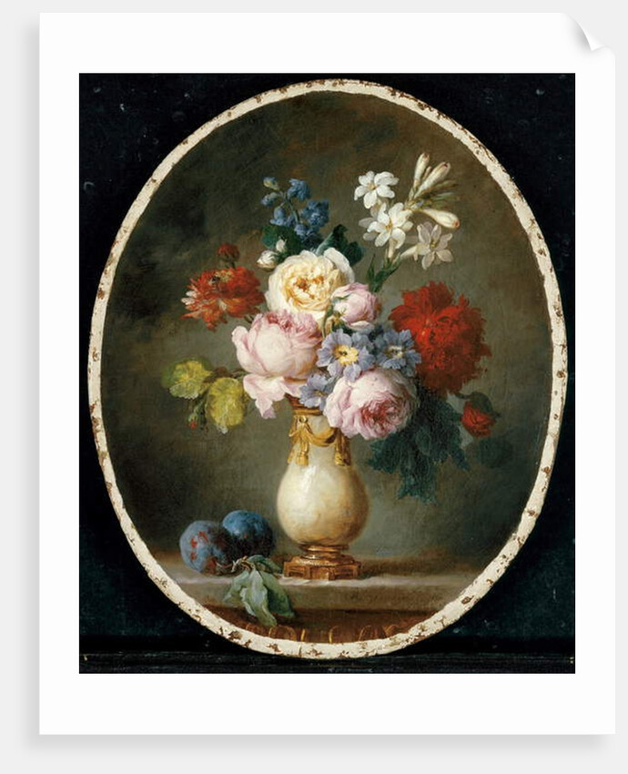 A vase of flowers and two plums on a marble tabletop, 1781 by Anne Vallayer-Coster