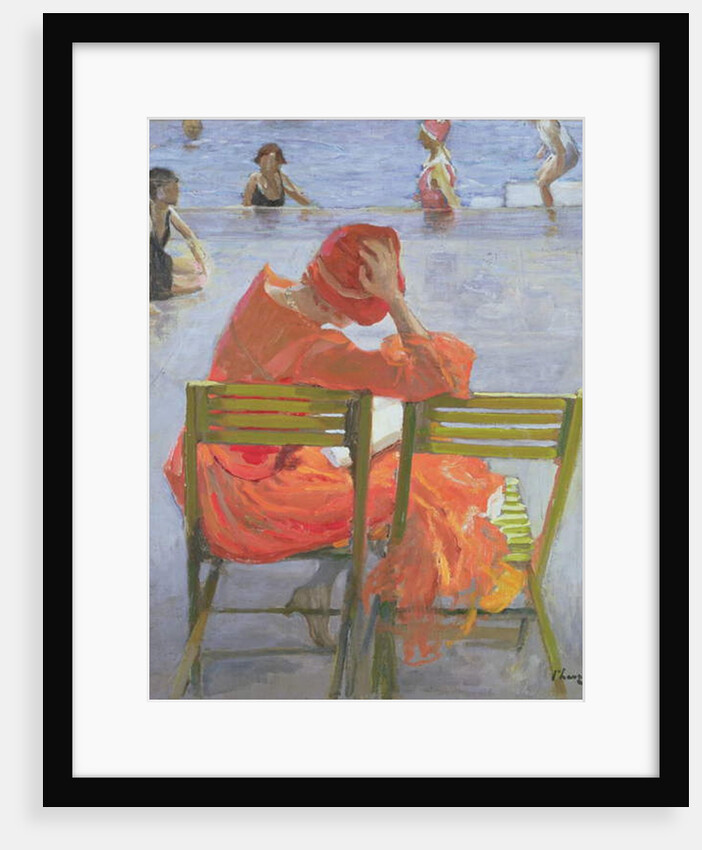 Girl in a red dress reading by a swimming pool, 1936 by John Lavery
