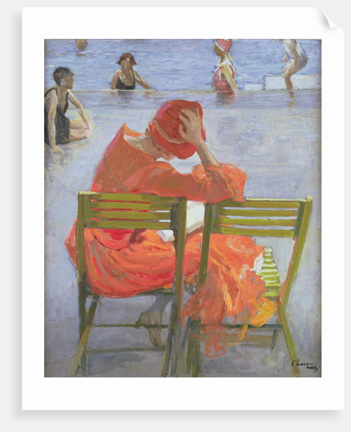 Girl in a red dress reading by a swimming pool, 1936 by John Lavery