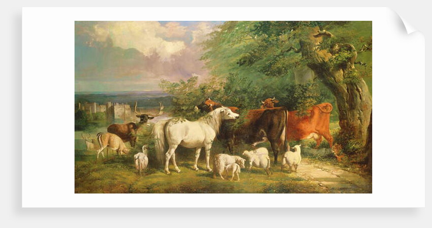Haddon Hall with Sheep, Cattle, a Stag and a Pony by Henry Barraud