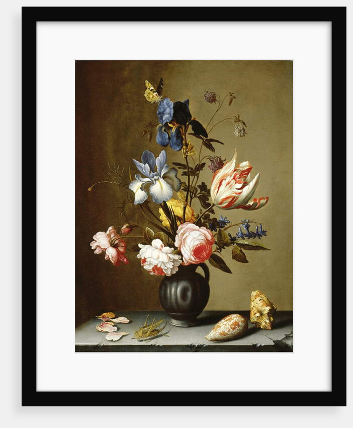 Irises, roses, columbine, hyacinth and a tulip in a black pottery pitcher, with seashells and a grasshopper on a stone ledge by Balthasar van der Ast
