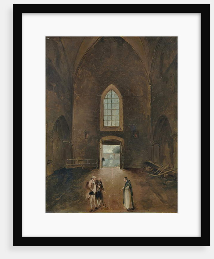 Hubert Robert and an amateur visit a grave in a church by Hubert Robert