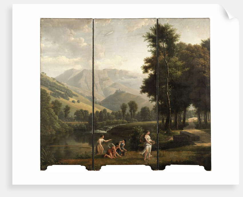 An Arcadian landscape with maidens gathering flowers by a river bank, a hilltop castle beyond, 1801 by Alexandre Hyacinthe Dunouy