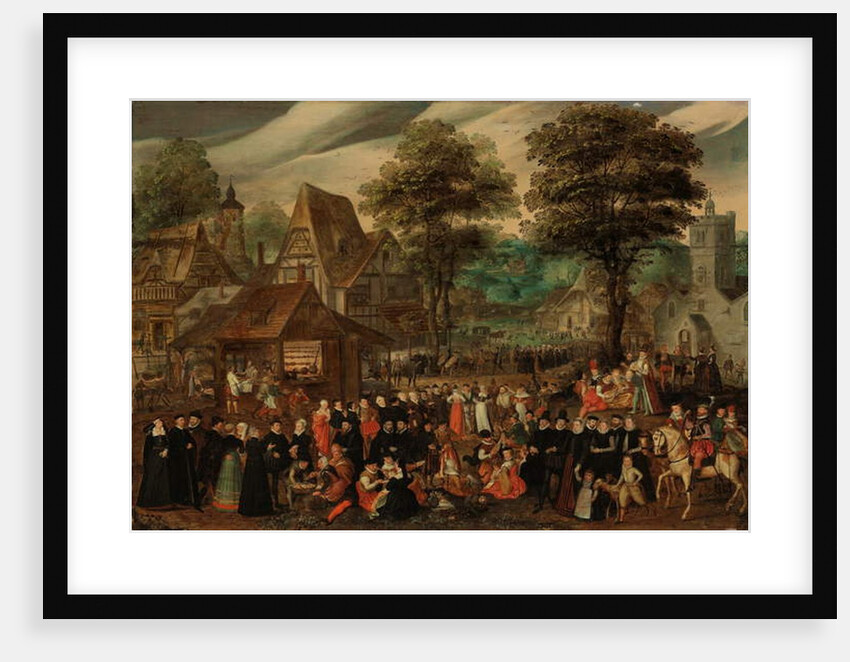 A village festival with elegantly dressed figures in procession, a river and tower beyond by Joris Hoefnagel