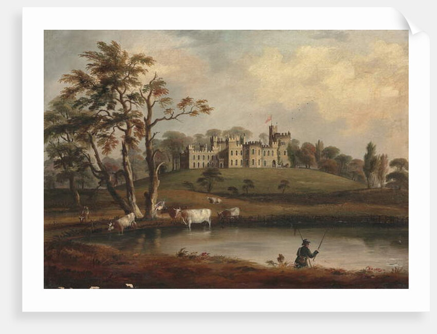 A view of Hornby Castle, Yorkshire, with an angler and cattle on the banks of the river Wenning by J. Miller