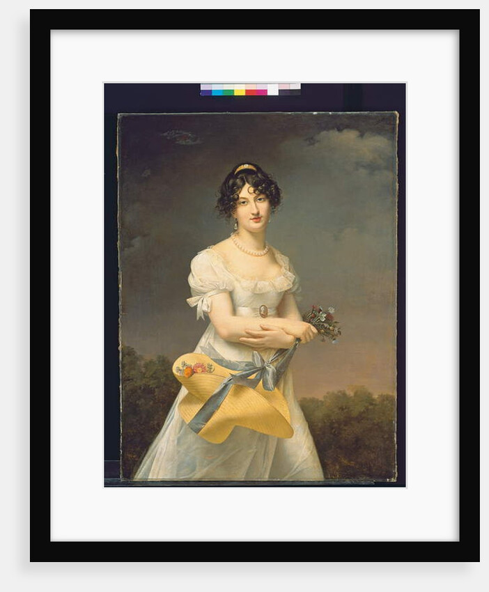 Portrait of Amélie-Justine Laidin de la Bouterie, nee Pontois, holding a hat filled with flowers by Adele Romany