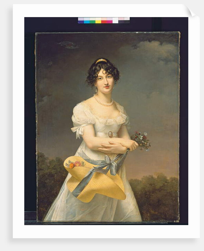 Portrait of Amélie-Justine Laidin de la Bouterie, nee Pontois, holding a hat filled with flowers by Adele Romany