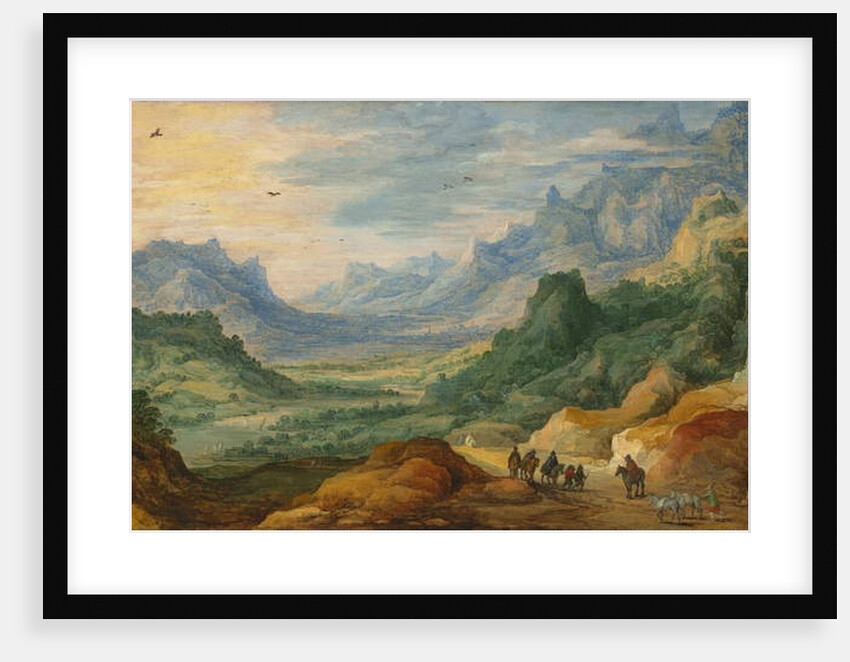 A mountainous landscape with travellers and herdsmen on a path by Jan & Momper Joos de Brueghel