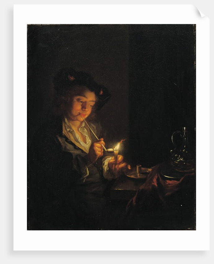 A candlelit interior with a young man seated at a table, lighting his pipe by Arnold Boonen