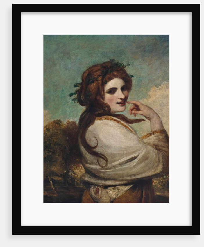 Portrait of Emma, Lady Hamilton, as a Bacchante, half-length, in a yellow dress and white shawl, in a landscape by Joshua Reynolds