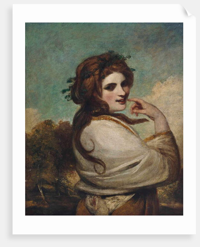 Portrait of Emma, Lady Hamilton, as a Bacchante, half-length, in a yellow dress and white shawl, in a landscape by Joshua Reynolds