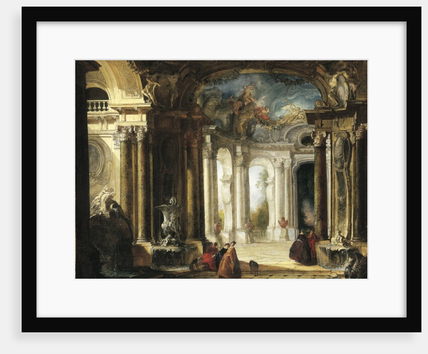 The interior of a Baroque palace with elegant company conversing by fountains by Jacques de Lajoue