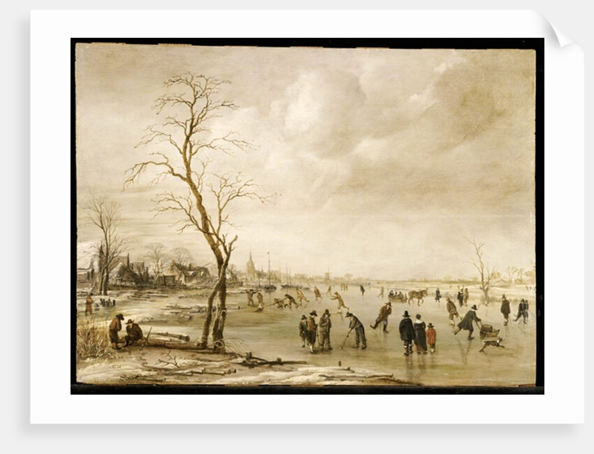 A Winter Landscape with Townsfolk Skating and Playing Kolf on a Frozen River, a Town Beyond by Aert van der Neer