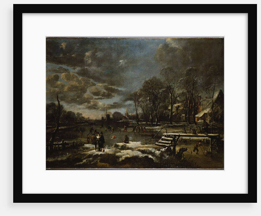 A Winter River Landscape with Figures Playing Golf and Skating by Aert van der Neer