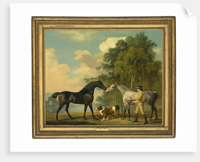 Two hunters with a young groom and a dog by a lake, 1778 by George Stubbs