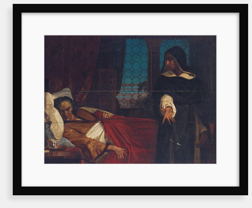 A cloaked figure before the bed of an anguished man by Edward Armitage