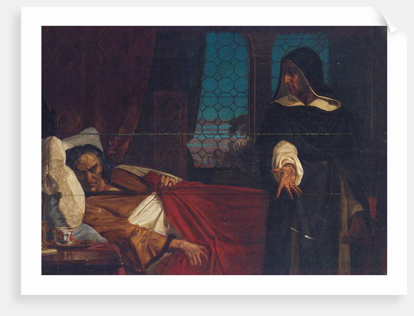 A cloaked figure before the bed of an anguished man by Edward Armitage