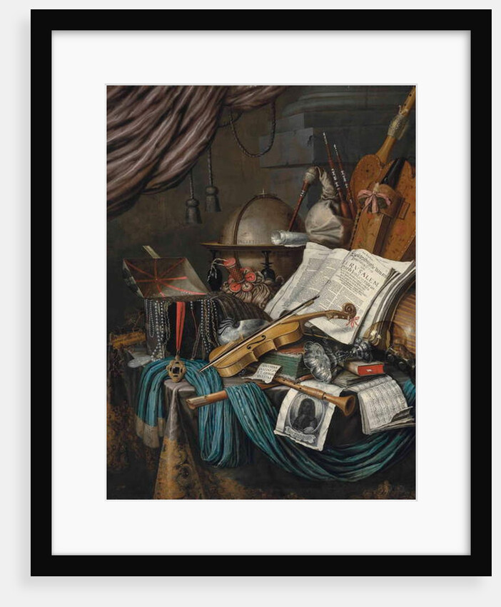 A globe, a casket of jewels and medallions, books, a hurdy-gurdy... by Edwaert Colyer or Collier