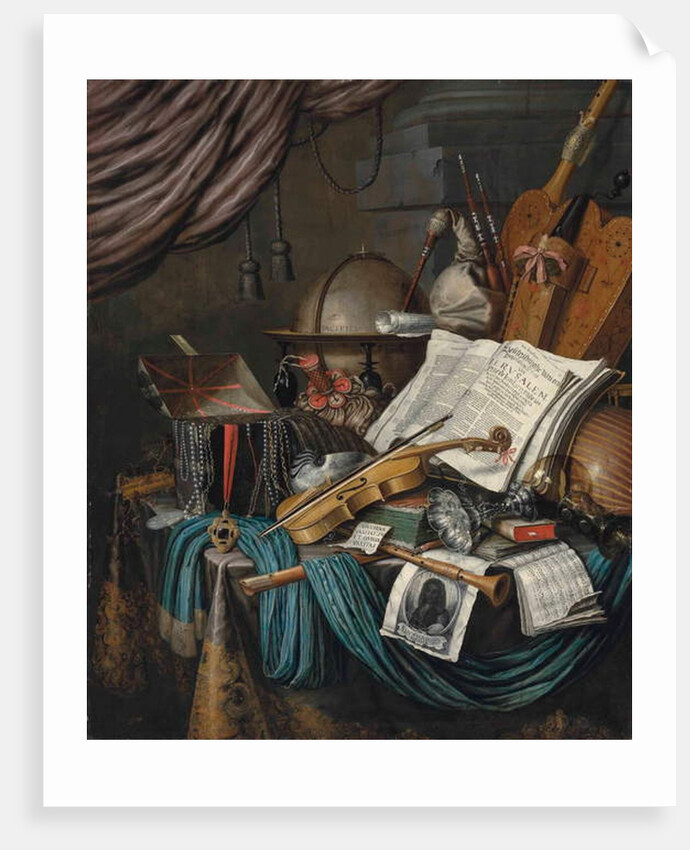 A globe, a casket of jewels and medallions, books, a hurdy-gurdy... by Edwaert Colyer or Collier