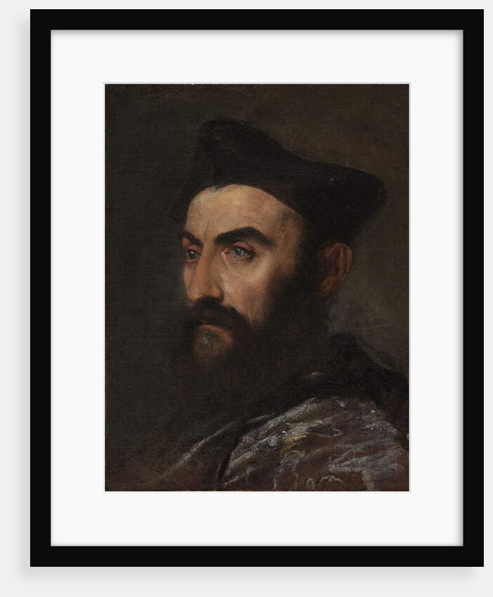 Portrait of a cleric, bust-length, in a blue coat and black hat - a fragment by Titian