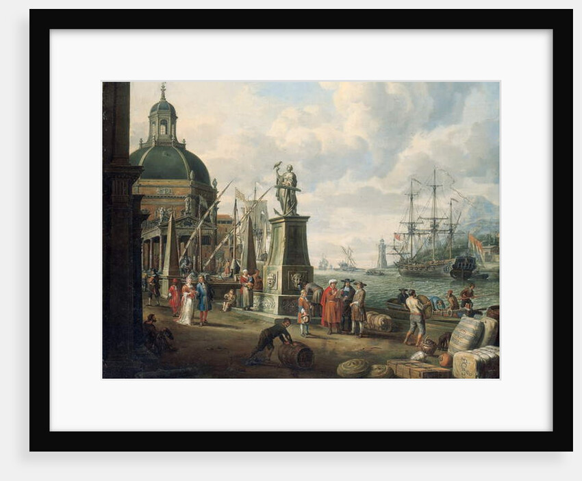 A capriccio of a Mediterranean harbour with merchants, an elegant couple on the quayside, before a statue of Hope and a baroque church, a lighthouse, a Dutch man-o-war, and other shipping beyond, 1700 by Adriaen Verdoel