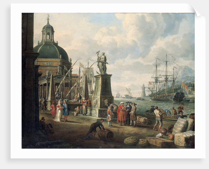 A capriccio of a Mediterranean harbour with merchants, an elegant couple on the quayside, before a statue of Hope and a baroque church, a lighthouse, a Dutch man-o-war, and other shipping beyond, 1700 by Adriaen Verdoel