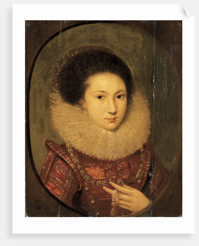 Portrait of a girl, bust-length, in a scarlet embroidered dress and lace collar by Robert Peake