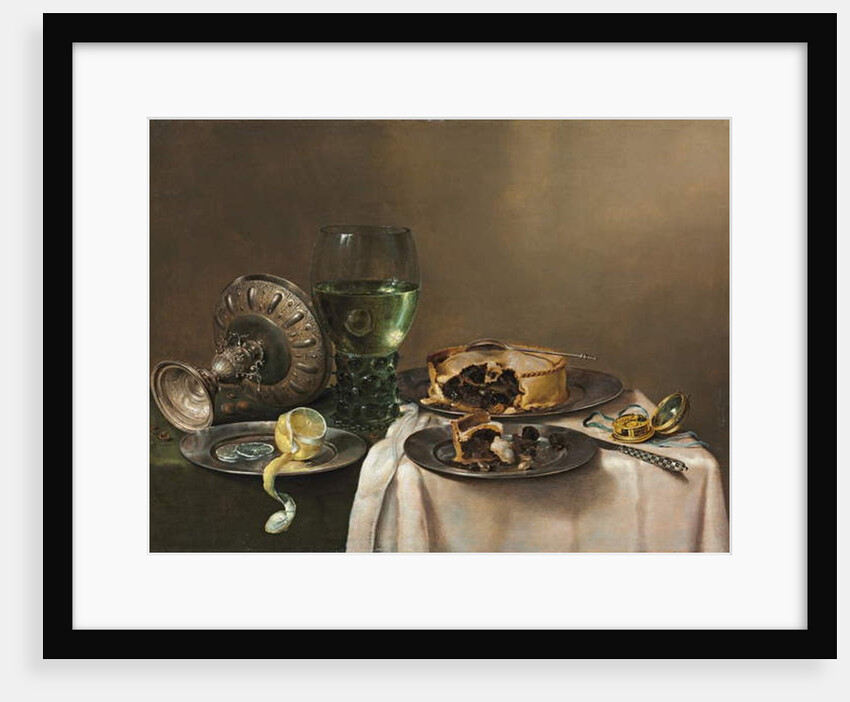 Pronk still life, with a roemer, an upturned silver tazza, a half-peeled lemon on a pewter plate, with a pie, a timepiece and a knife, 1631 by Willem Claesz. Heda