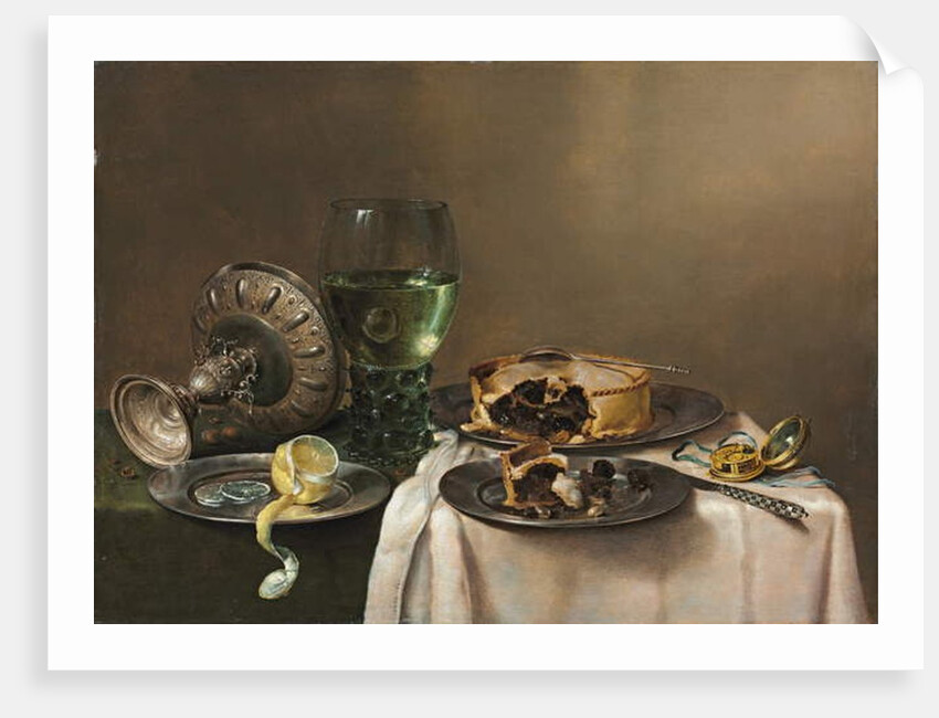 Pronk still life, with a roemer, an upturned silver tazza, a half-peeled lemon on a pewter plate, with a pie, a timepiece and a knife, 1631 by Willem Claesz. Heda