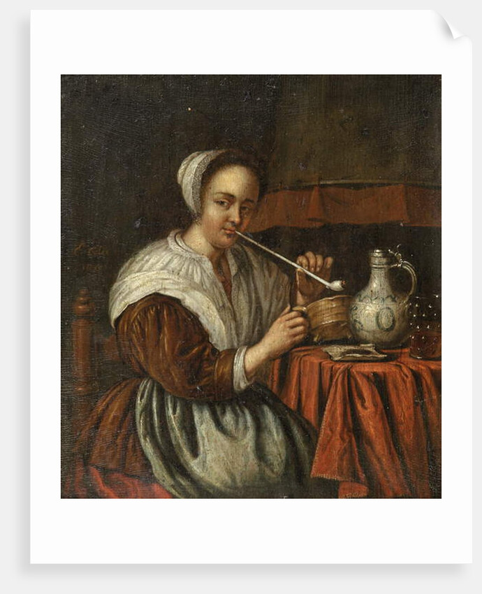 A woman smoking a pipe at a table by Edwaert Colyer or Collier