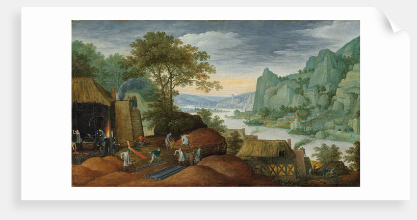 A rocky landscape with figures by an iron foundry, a river and houses on the bank beyond by Marten Ryckaert