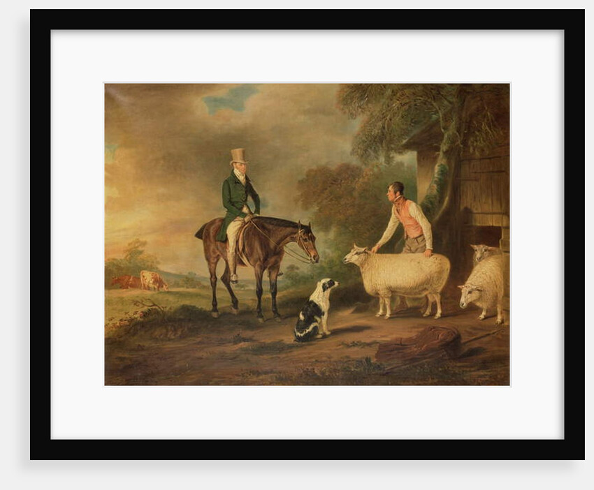 Sir John Palmer on his favourite mare with shepherd Joseph Green and prize Leicester Longwool sheep by John E. Ferneley