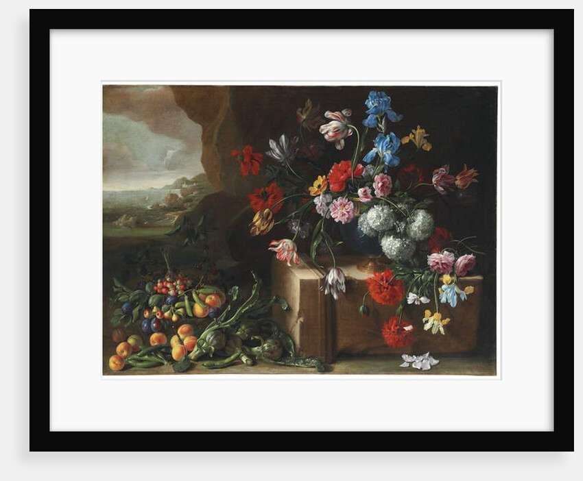 Chrysanthemums, tulips, irises and other flowers and fruit in a landscape by Giovanni Stanchi