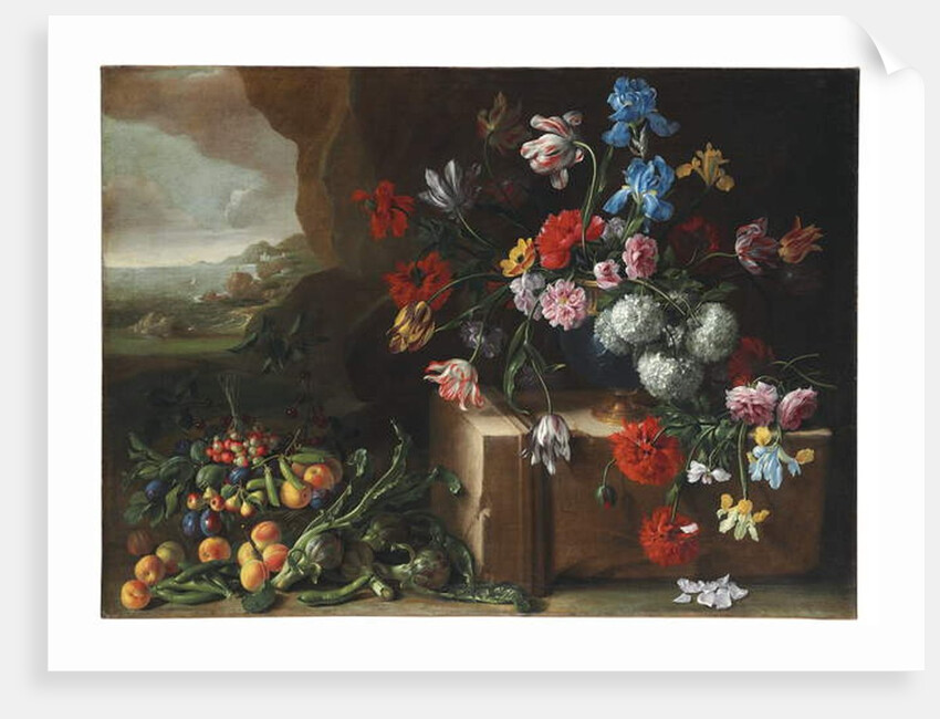Chrysanthemums, tulips, irises and other flowers and fruit in a landscape by Giovanni Stanchi