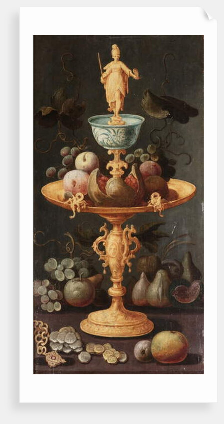 Grapes, plums and a pomegranate on a golden tazza surmounted by a personification of Painting by Artus Claessens