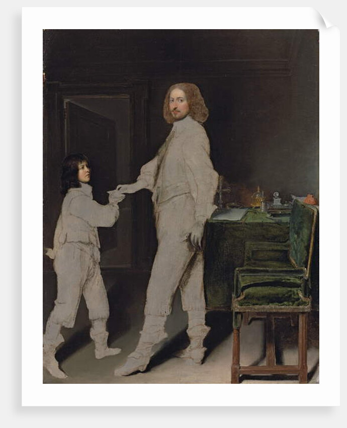 Portrait of a man, full-length, handing a letter to a boy, in an interior by Gonzales Coques
