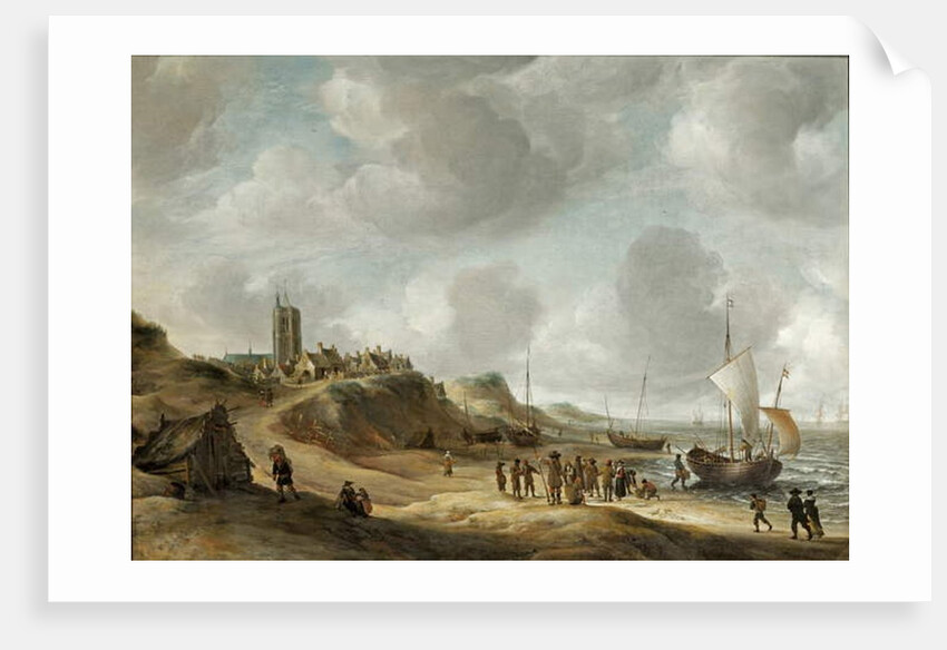 A view of Egmond aan Zee with fisherfolk on the beach and shipping offshore by Jan Abrahamsz. Beerstraten
