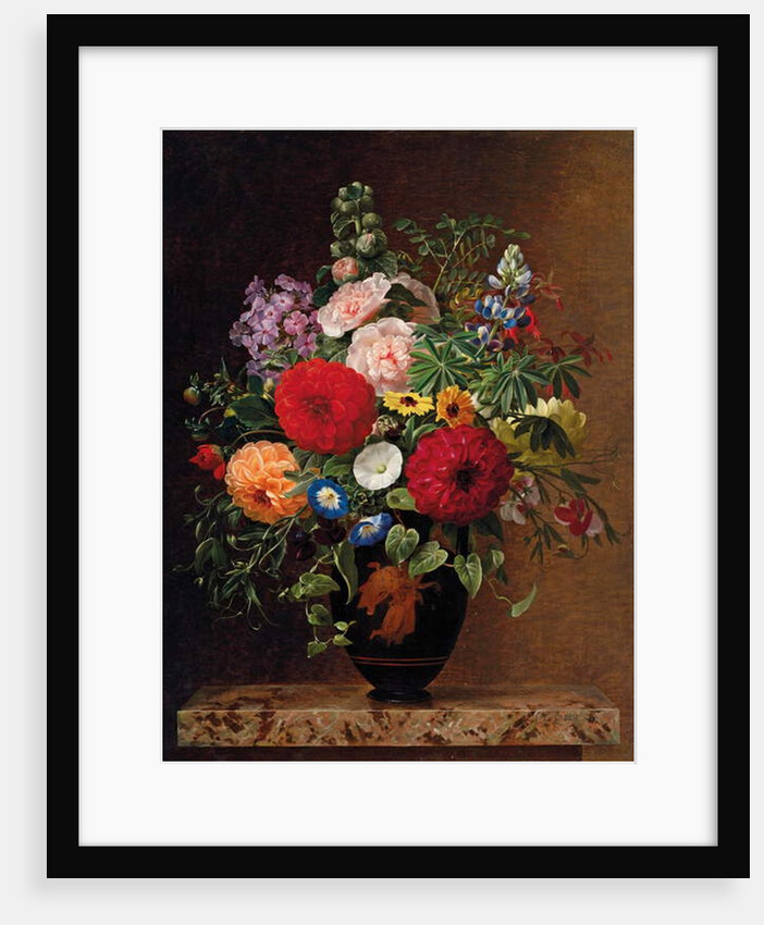 Lilac, apple blossom, cornflowers and sweet williams with a pot of violas on a ledge, 1827 by Johan Laurents Jensen