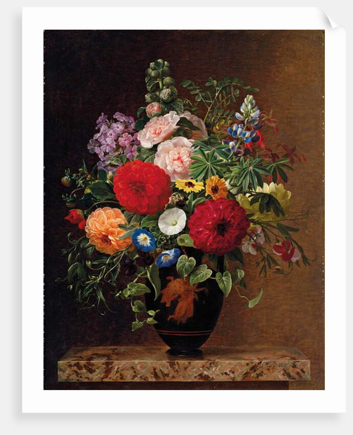 Lilac, apple blossom, cornflowers and sweet williams with a pot of violas on a ledge, 1827 by Johan Laurents Jensen