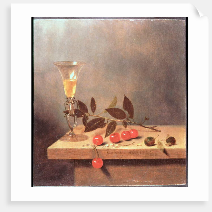 Facon de Venise Wine Glass and Cherries on a Ledge by Jan III van de Velde